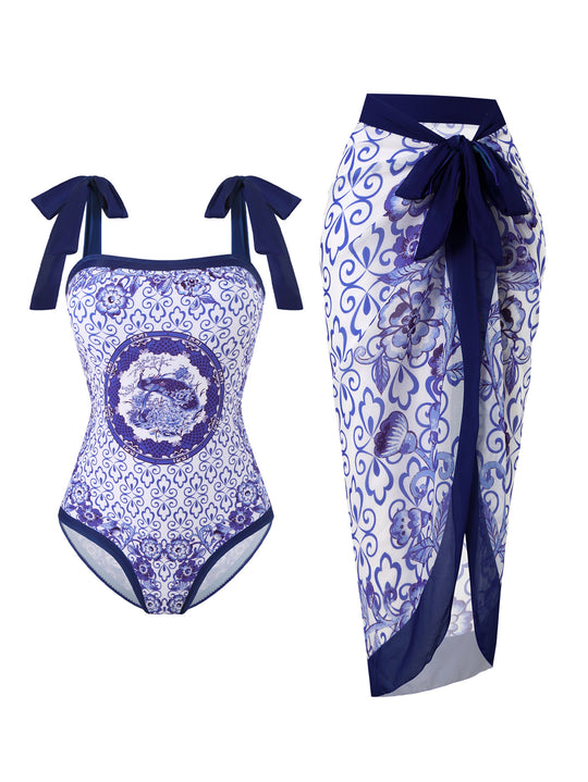 Damen Badeanzug mit floralem Design und transparentem Wickelrock R&B