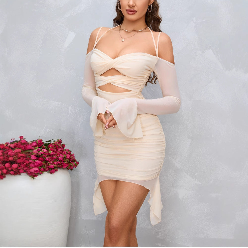 Damen Verführerisches Minikleid mit transparenten Ärmel und raffiniertem Cut-Out R&B