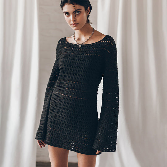 Damen gehäkeltes Minikleid mit langen Ärmeln R&B