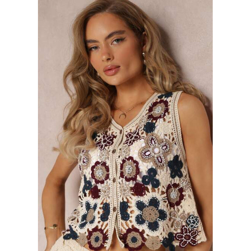 Damen Häkelweste mit floralen Stickereien und offenen Vorderseite R&B