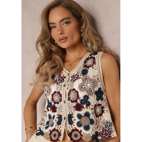 Damen Häkelweste mit floralen Stickereien und offenen Vorderseite R&B