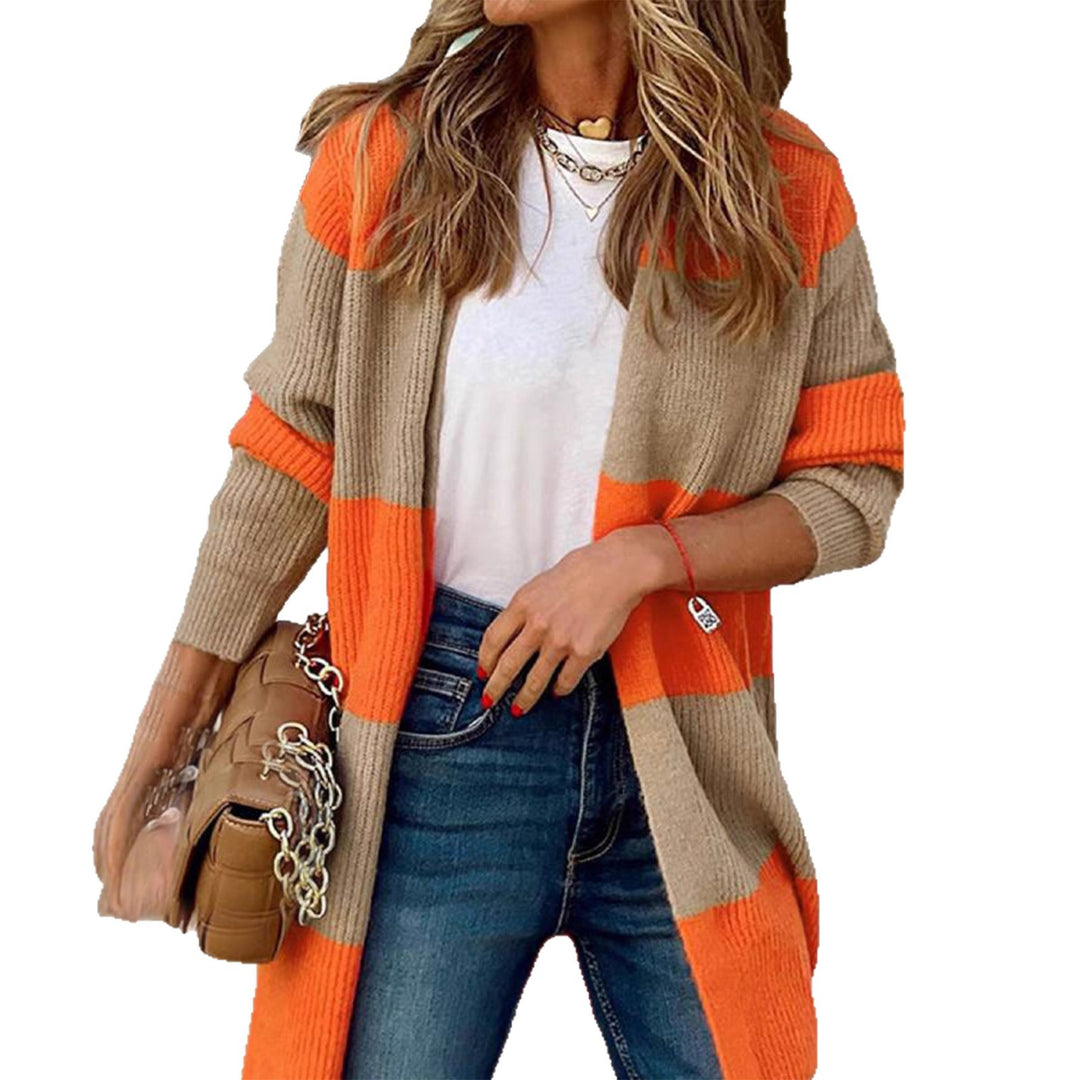 Damen langärmeliger Strickcardigan mit modischem Blockstreifen R&B