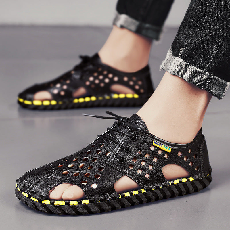 Herren Atmungsaktive Leder-Sandalen mit perforiertem Design und rutschfester Sohle R&B