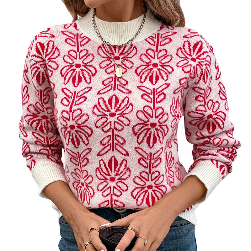 Damen Strickpullover mit floralen Mustern und elegantem Stehkragen R&B