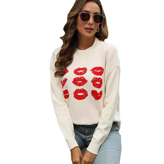 Damen Strickpullover mit glitzerndem Lippen-Motiv R&B