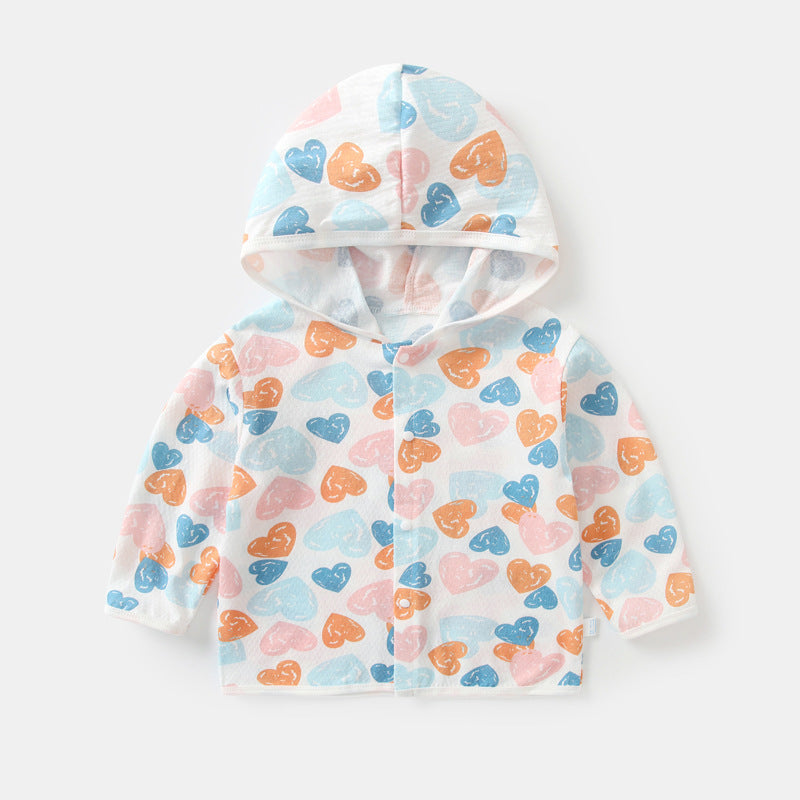 Unisex nan leichte Kapuzenjacke aus Baumwolle für Babys mit ganzflächigem Herzdruck und Druckknopfverschluss R&B