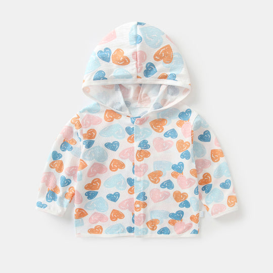 Unisex nan leichte Kapuzenjacke aus Baumwolle für Babys mit ganzflächigem Herzdruck und Druckknopfverschluss R&B