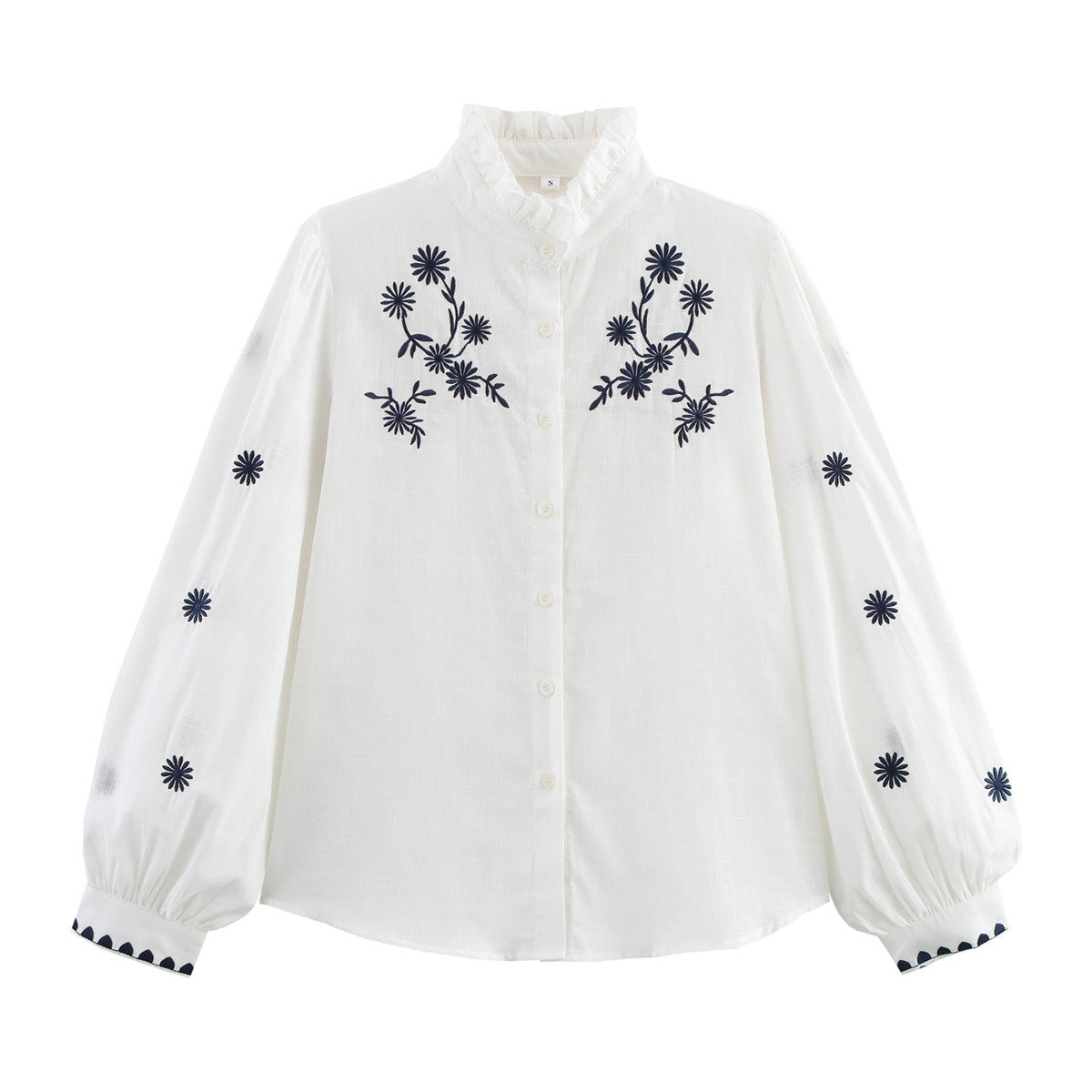 Damen Bestickte Bluse mit Stehkragen und langen Ärmeln R&B