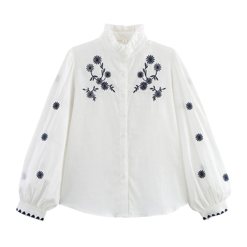 Damen Bestickte Bluse mit Stehkragen und langen Ärmeln R&B