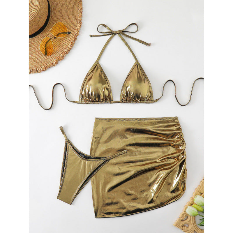 Damen Glänzender Triangel-Bikini mit Raffung und verspieltem Rock R&B