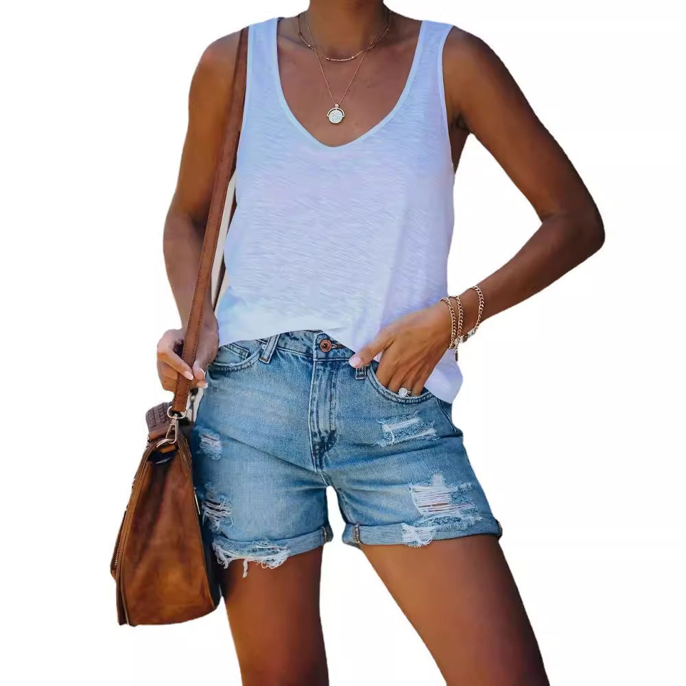 Damen Jeansshorts im lässigen Destroyed-Look mit umschlagenem Saum und hoher Taille R&B