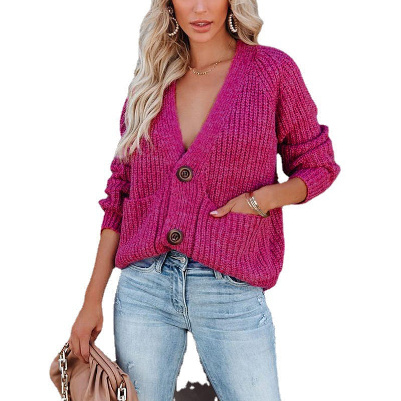 Damen Strickjacke mit tiefem V-Ausschnitt und praktischen Taschen R&B