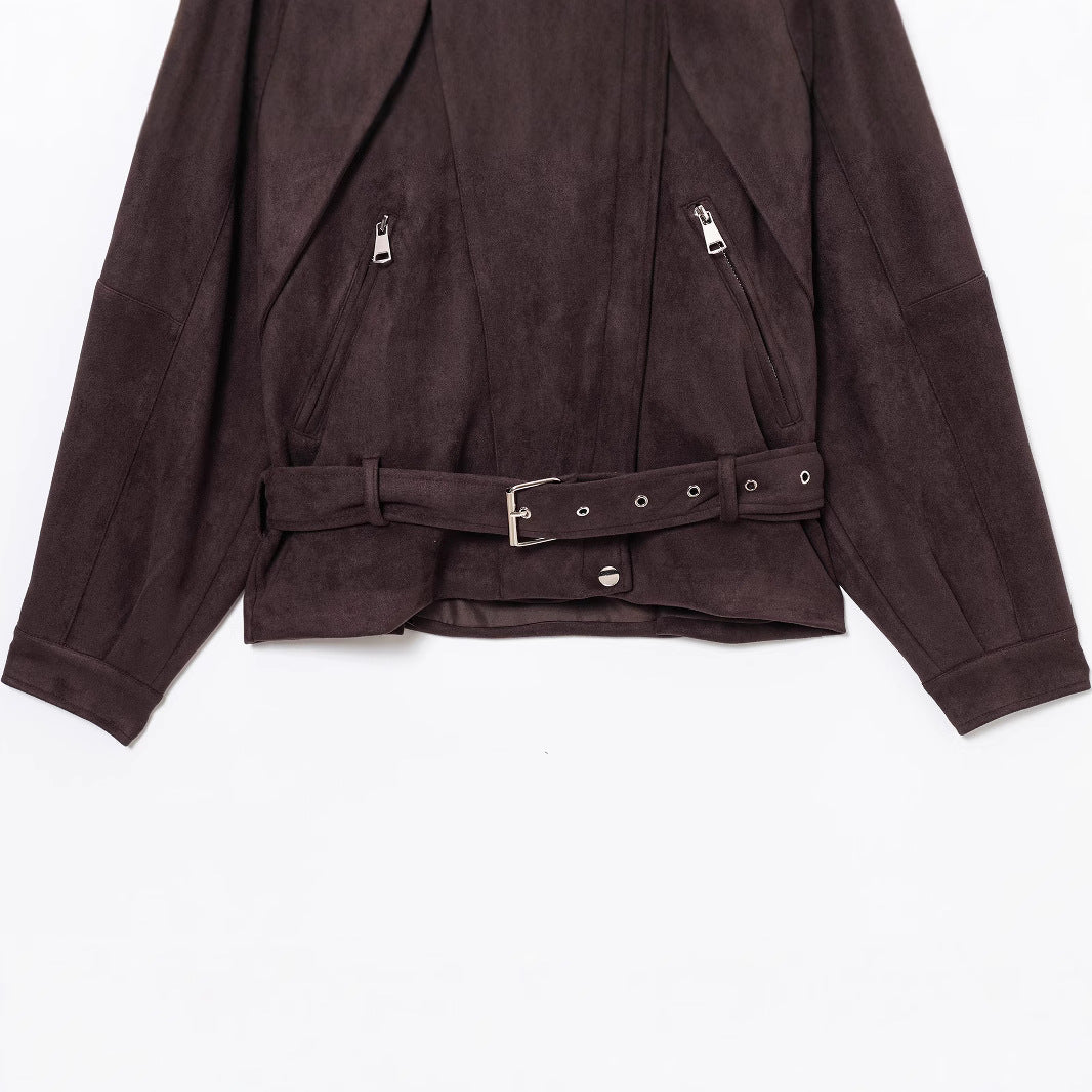 Damen Elegante Wildlederjacke mit modischen Schnallen und praktischen Taschen R&B
