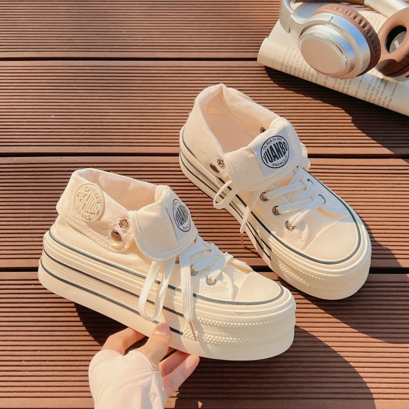 Damen Hochplatform Sneakers mit modischem Stoff-Obermaterial und lockerer Schnürung