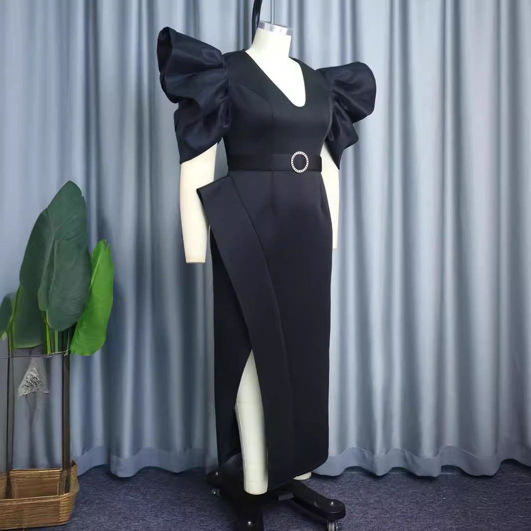 Damen elegantes Abendkleid mit voluminösen Puffärmeln und tailliertem Gürtel R&B