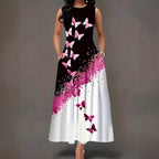Damen Maxikleid mit buntem Schmetterlingsdruck und fließendem Saum