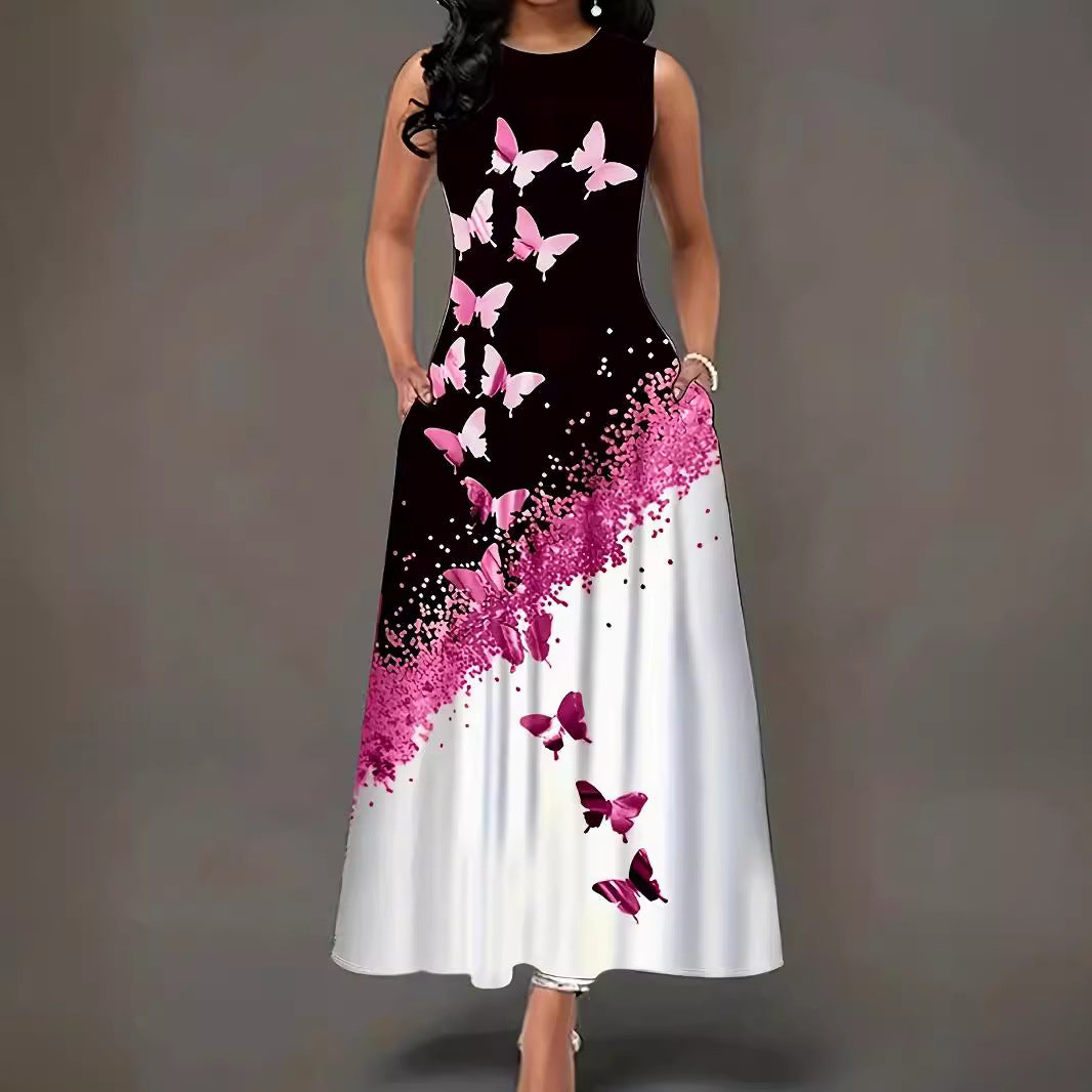 Damen Maxikleid mit buntem Schmetterlingsdruck und fließendem Saum