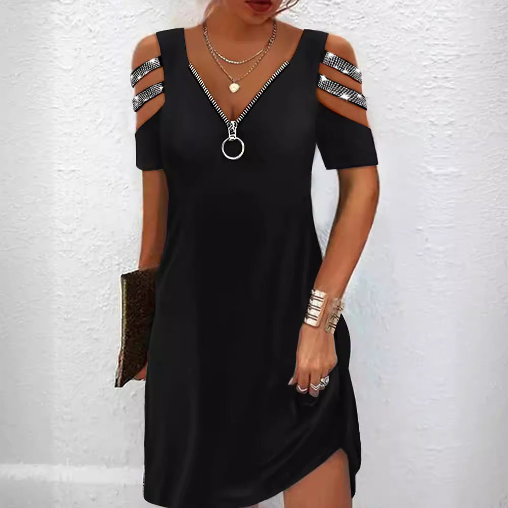 Damen lässiges Kleid mit V-Ausschnitt und Reißverschluss R&B