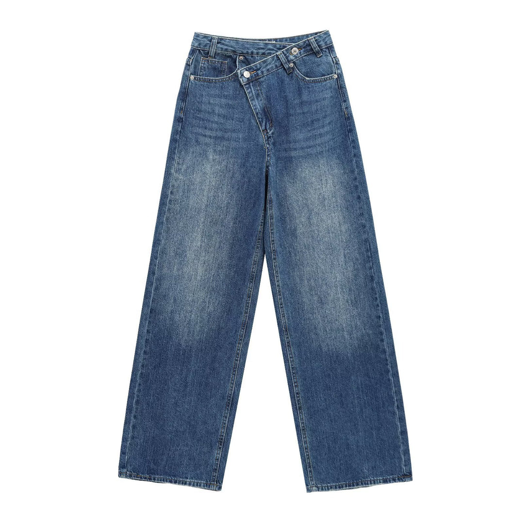 Damen weit geschnittene Jeans mit asymmetrischem Knopfverschluss und hohen Taillen R&B