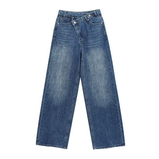 Damen weit geschnittene Jeans mit asymmetrischem Knopfverschluss und hohen Taillen R&B
