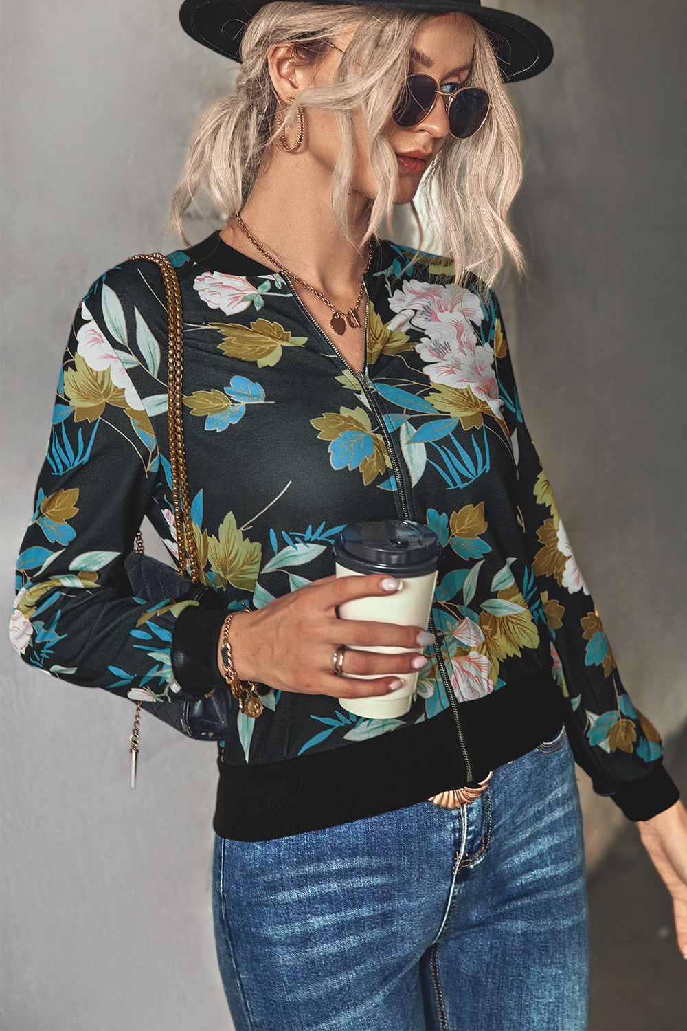 Damen Blütenmuster Freizeitjacke mit Reißverschluss und elastischen Bündchen R&B