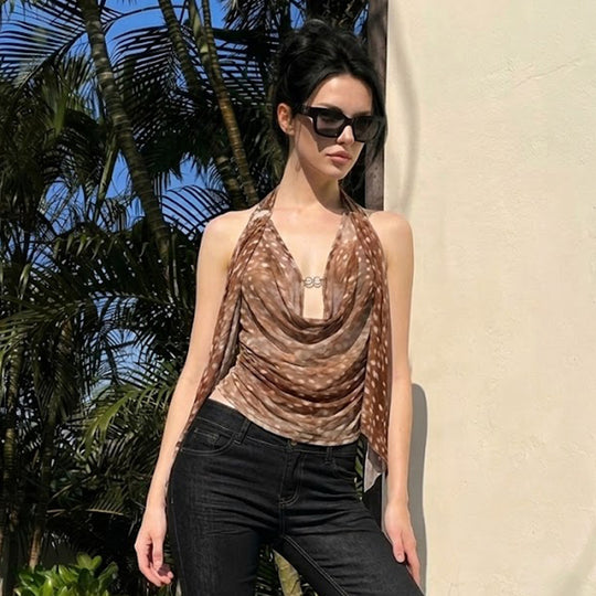 Damen modisches Wickeloberteil mit transparentem Design und langen Bändern R&B