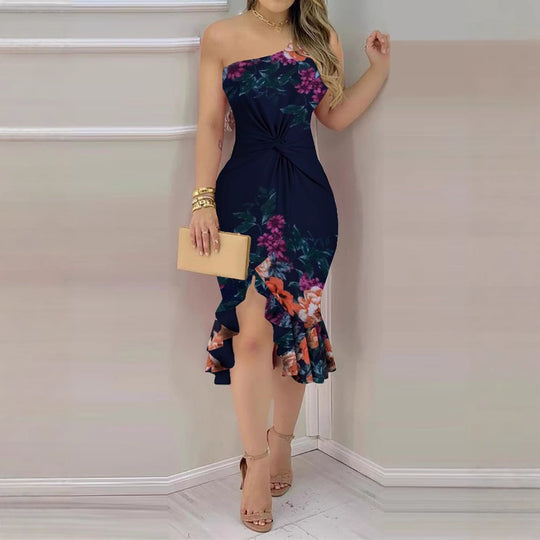 Damen Elegantes asymmetrisches Blumenkleid mit fließendem Saum und Raffung R&B