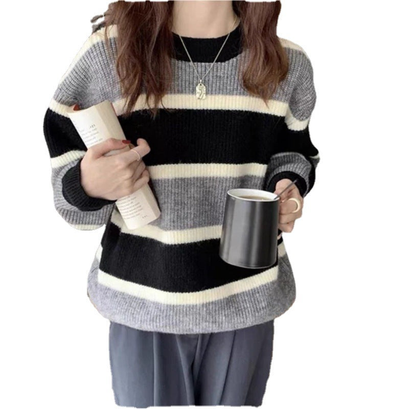 Damen Grob gestrickter Pullover mit Blockstreifenmuster und lässigem Schnitt R&B
