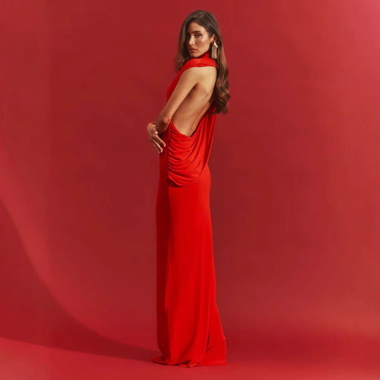 Damen figurbetontes Abendkleid mit elegantem Halsteinsatz R&B