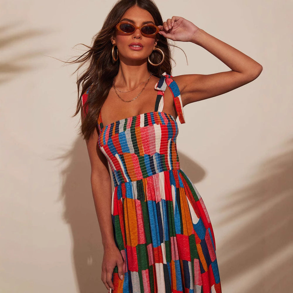 Damen Maxi-Kleid mit buntem Mosaik-Design R&B