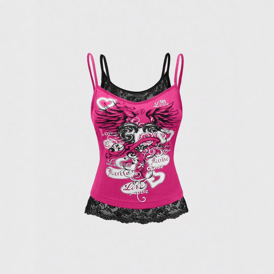 Damen Spitze Cami Top mit Grafischem Print R&B