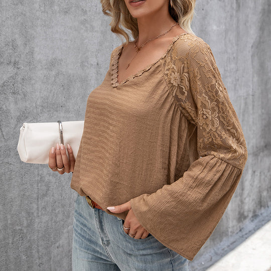 Damen Bluse mit transparenten Spitzenärmeln und modischem V-Ausschnitt R&B