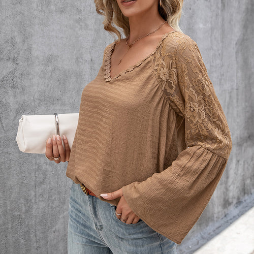 Damen Bluse mit transparenten Spitzenärmeln und modischem V-Ausschnitt R&B