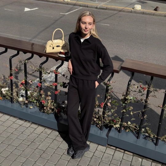 Damen lässiger Pullover mit Kragen und bequemen Sporthosen R&B
