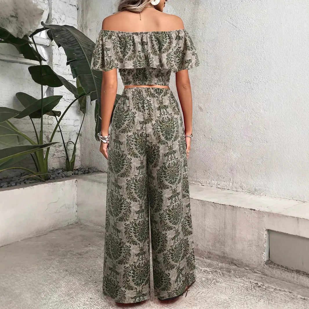 Damen Zweiteiliges Palmwedel-Outfit mit schulterfreiem Top und weitem Schnitt R&B