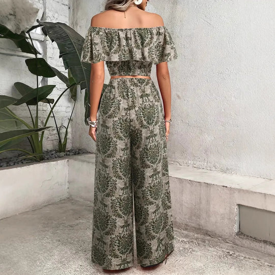 Damen Zweiteiliges Palmwedel-Outfit mit schulterfreiem Top und weitem Schnitt R&B