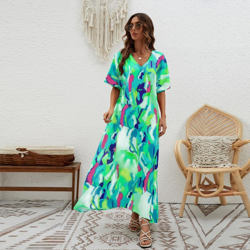 Damen Maxikleid im Boho-Stil mit tiefem V-Ausschnitt R&B