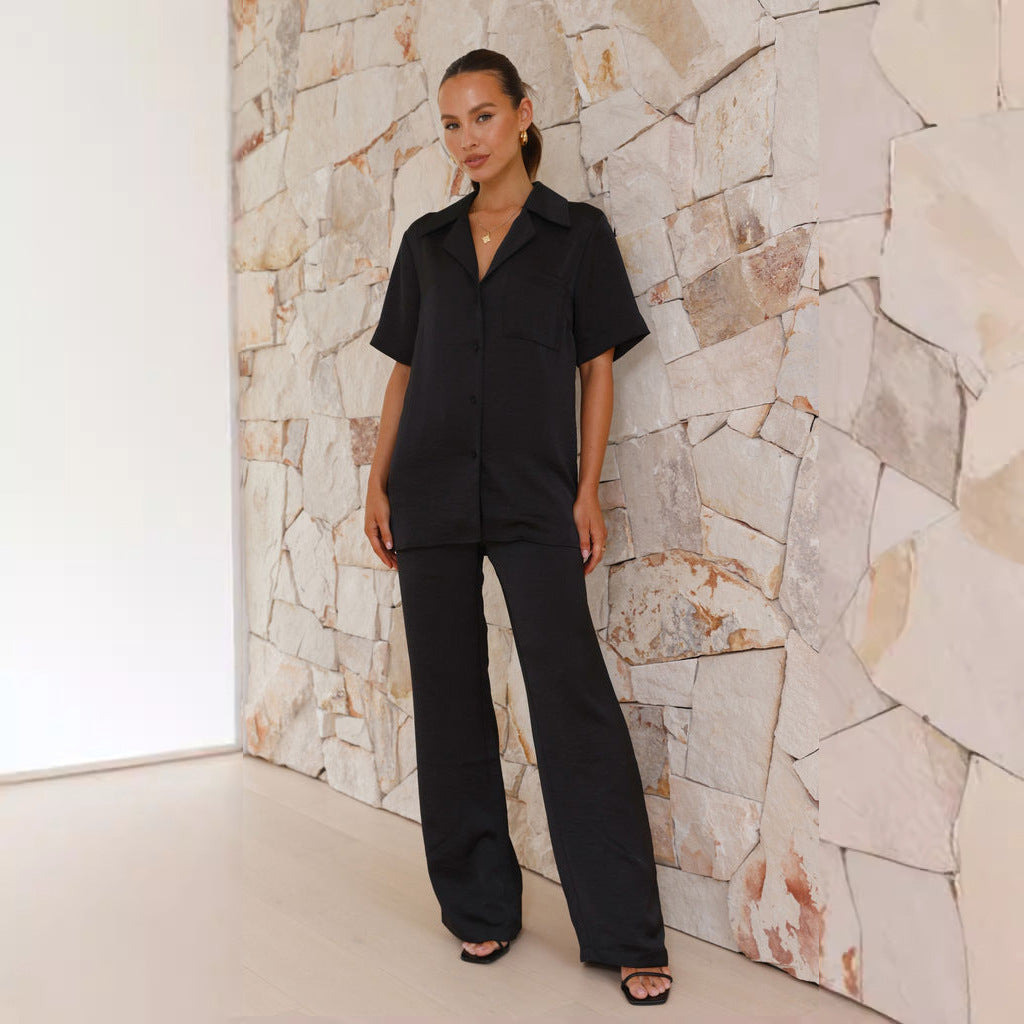 Damen Elegantes Satin-Pyjama-Set mit klassischem Kragen und bequemen weit geschnittenen Hosen R&B