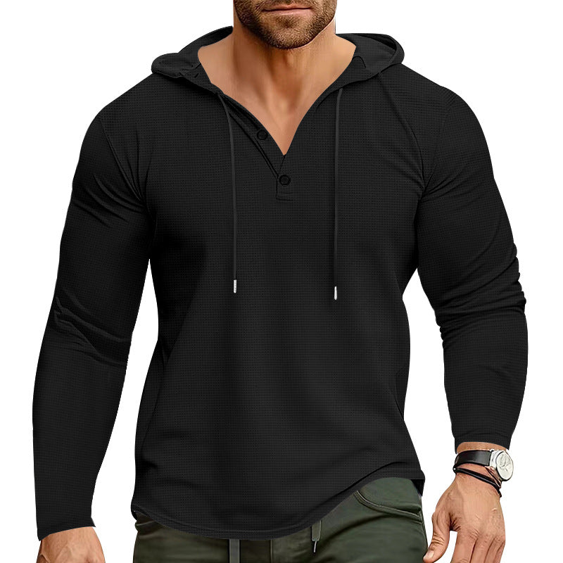 Herren nan körperbetontes Waffelstruktur-Henley-Hoodie mit halber Knopfleiste und Zugkordel R&B