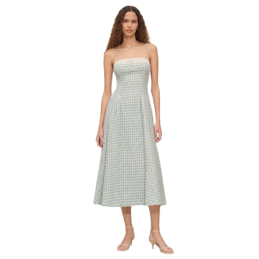 Damen nan Vintage-inspiriertes Midikleid mit schmalen Spaghettiträgern, Spitzenpassé und ausgestelltem Tellerrock R&B