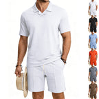 Herren nan kurzärmeliges Polo-Lounge-Set mit V-Einsatz am Kragen und Kordelzug-Bermuda R&B