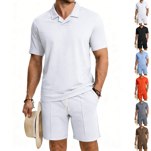 Herren nan kurzärmeliges Polo-Lounge-Set mit V-Einsatz am Kragen und Kordelzug-Bermuda R&B