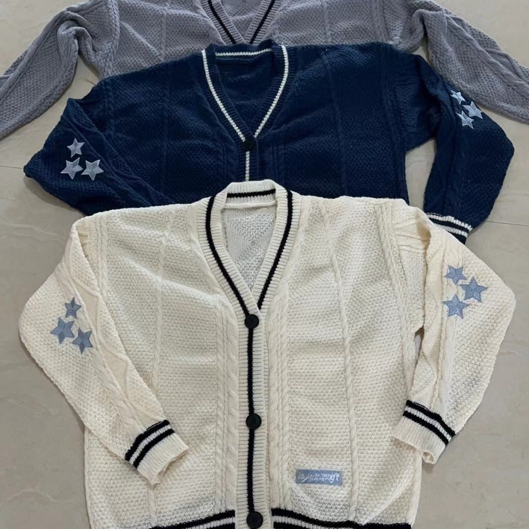 Damen Grobstrick-Cardigan mit dekorativen Sternen und kontrastierendem Bund R&B