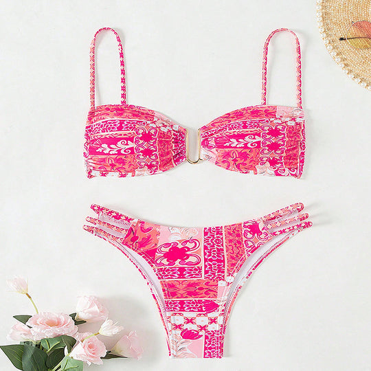 Damen Bandeau-Bikini mit raffinierten Rüschendetails und elegantem Muster R&B