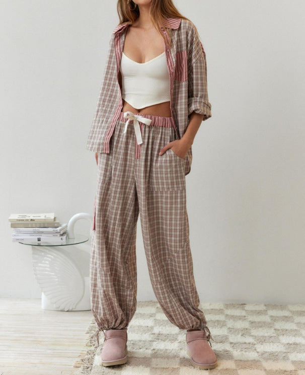 Damen lässiges Komplettset mit Karomuster aus weichem Material R&B