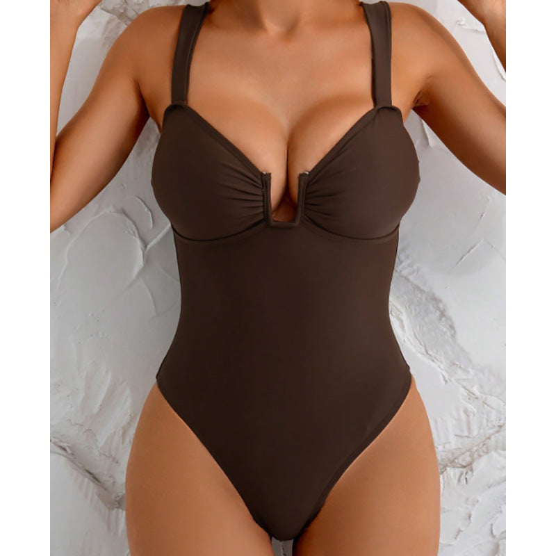 Damen eleganter V-Ausschnitt Badeanzug