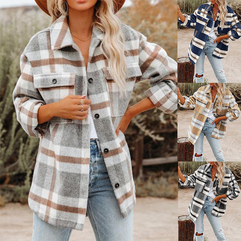 Damen Karierte Flanelljacke mit Lässigem Schnitt und Aufgesetzten Taschen R&B