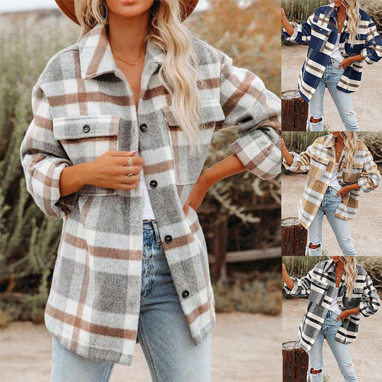 Damen Karierte Flanelljacke mit Lässigem Schnitt und Aufgesetzten Taschen R&B