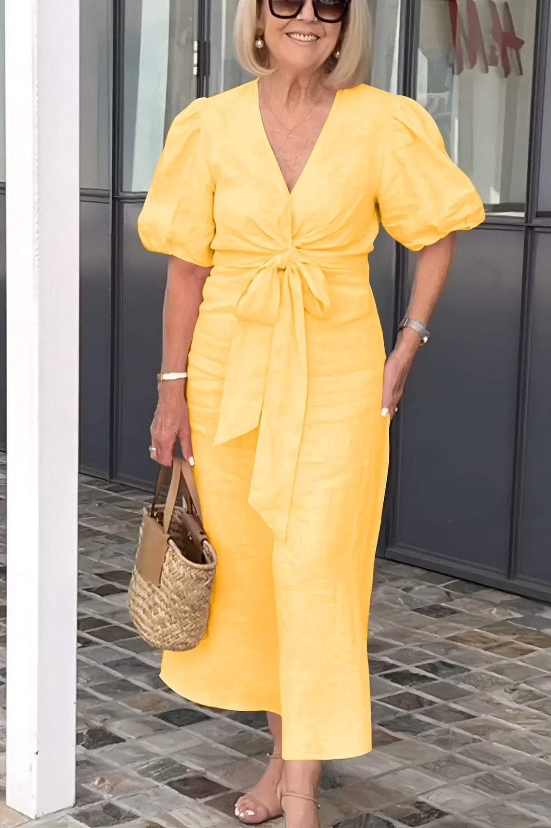 Damen Maxikleid mit eleganten Puffärmeln und Taillenknoten R&B