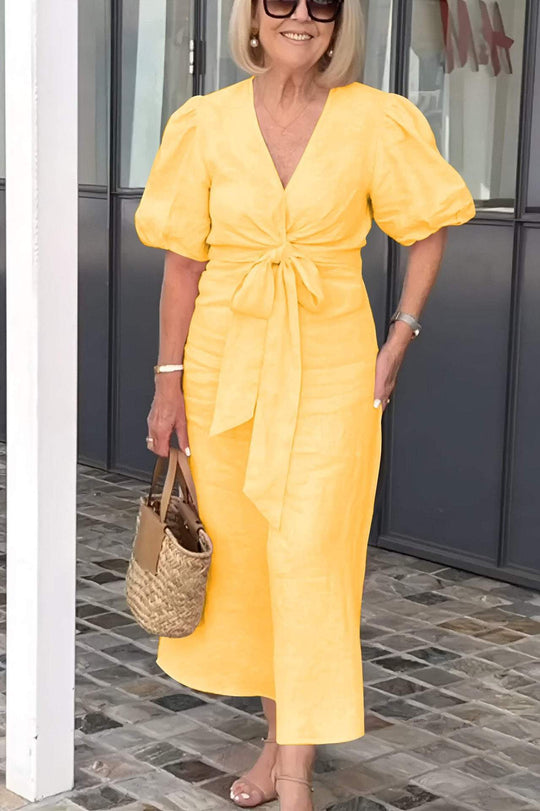 Damen Maxikleid mit eleganten Puffärmeln und Taillenknoten R&B